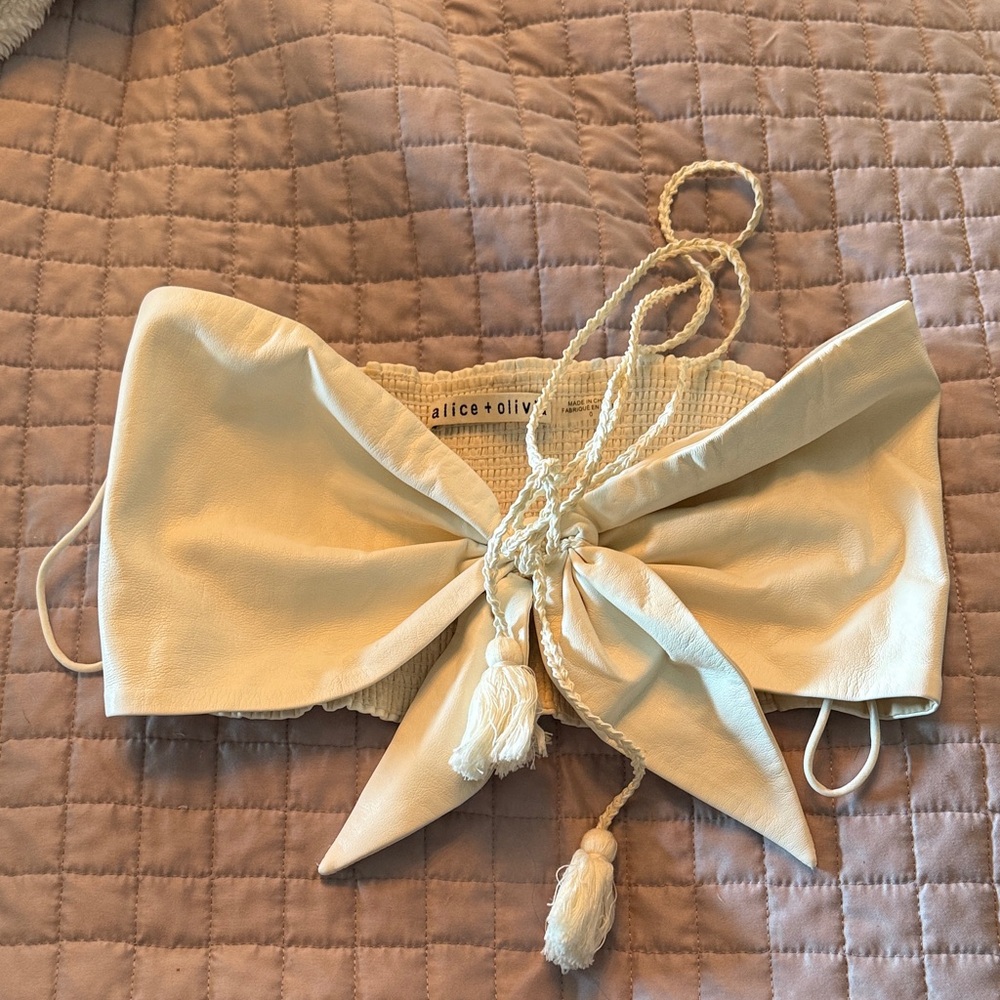 Alice + Olivia Vegan Leather Crop Tassel Halter Top